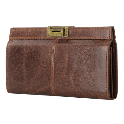 Retro Clutch Handbag for Women RFID Blocking Long Oil Wax Leather Wallet