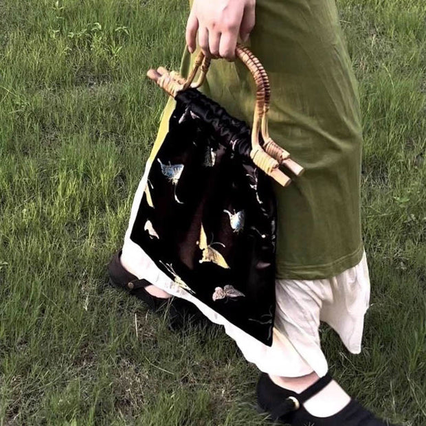 Black Gold Butterfly Handbag Women Thick Jacquard Rattan Bag