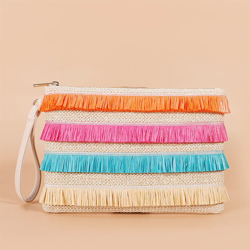 Tassel Beach Clutch for Women Raffia Woven Envelop Bag with Shoulder Strap