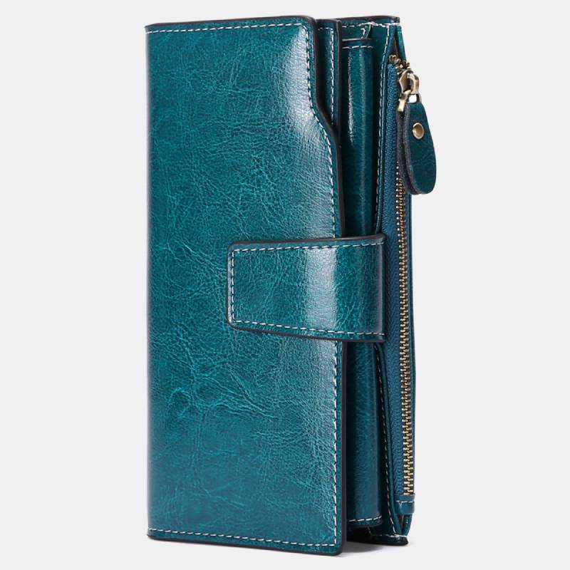 RFID Blocking Long Wallet Oil Wax Leather Phone Purse with Zipper Pocket