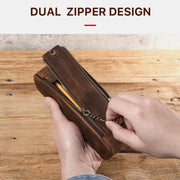 Retro Genuine Leather Multipurpose Zipper Makeup Pouch Bag Pencil Case