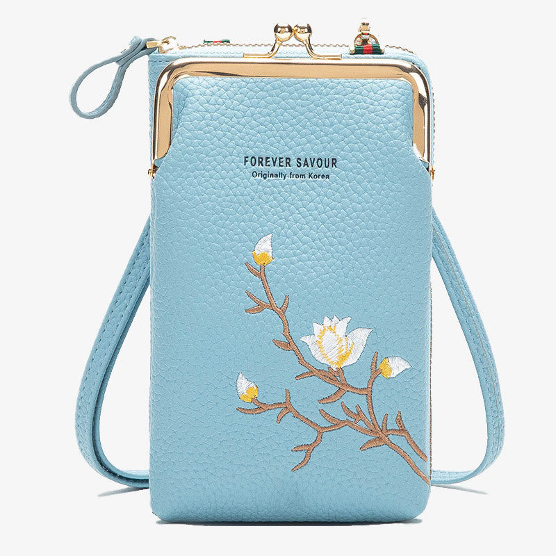 Elegant Embroidered Phone Bag Women Mini Crossbody Leather Purse