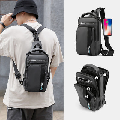 4 Way-use Lightweight Multi-Pocket Classic Sling Bag With USB Charging Port