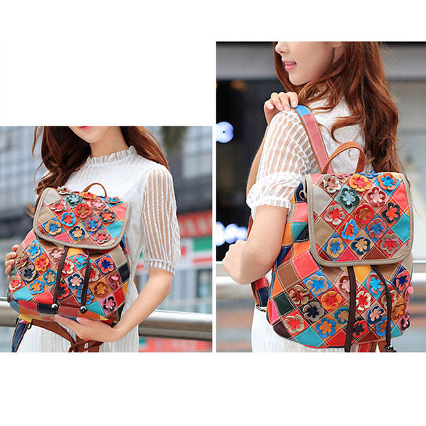 Genuine Leather Colorblock Floral Backpack Drawstring Purses