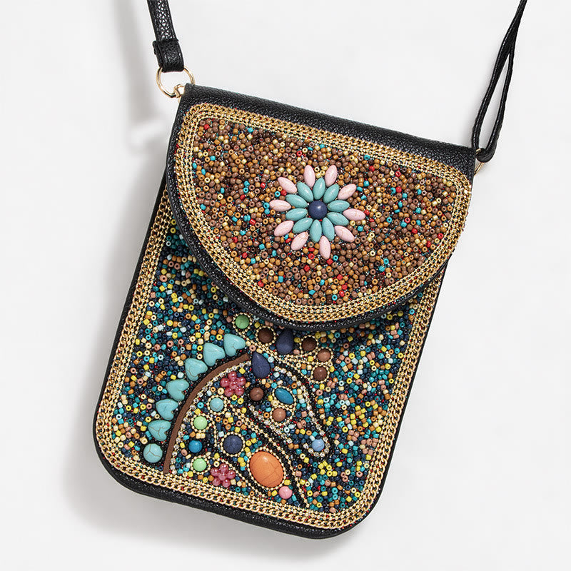 Bohemian Phone Bag Women Shell Flowers Pattern Magnetic Crossbody Bag