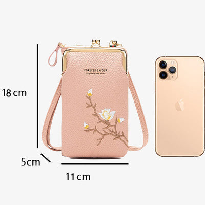 Elegant Embroidered Phone Bag Women Mini Crossbody Leather Purse