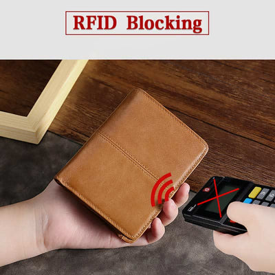 Men Bifold Wallet Real Leather RFID Blocking Short Wallet Coin Purse