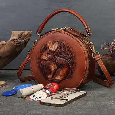 Retro Bunny Embossing Handbag Folk Custom Crossbody Leather Purse