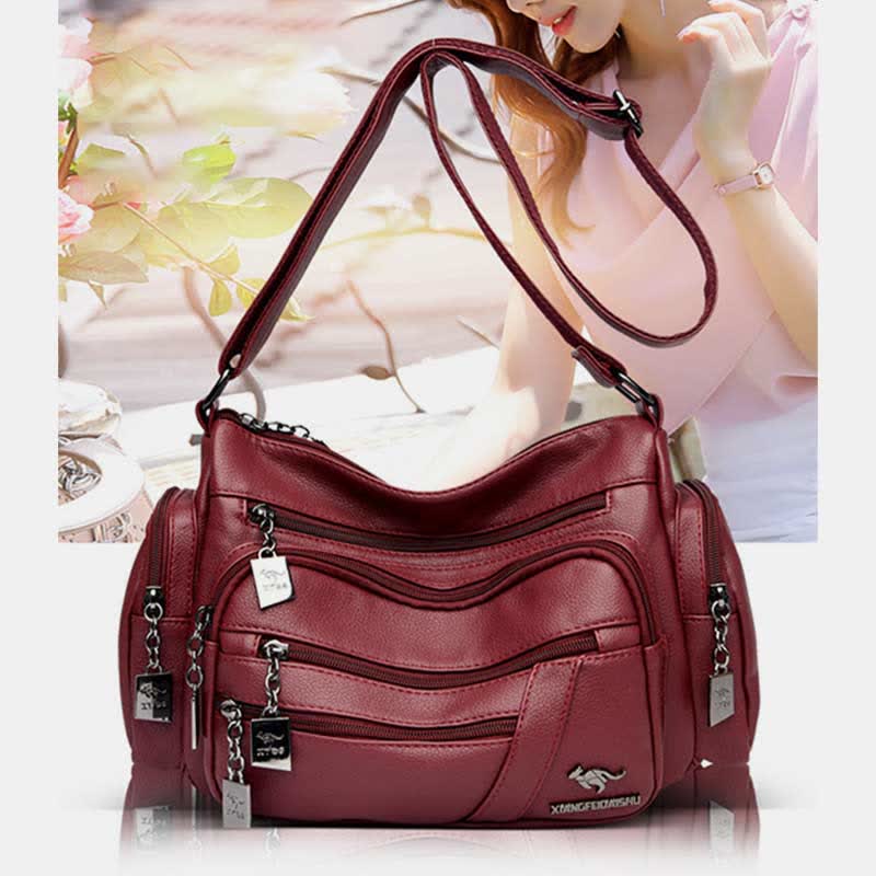 Multi-Pocket Leather Crossbody Bag Large Capacity Satchel Daypack Shoulder Bag