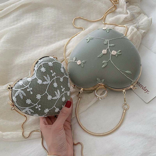 Floral Embroidered Handbag Heart Shaped Evening Bag Clutch with Gold Chain