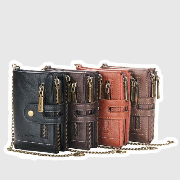 Trifold Leather Wallet for Men Coin Purse Snap Zip Wallet with Chain