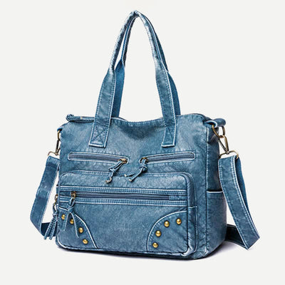 Denim Color Tote Handbags Big Capacity Faux Leather Shoulder Purse