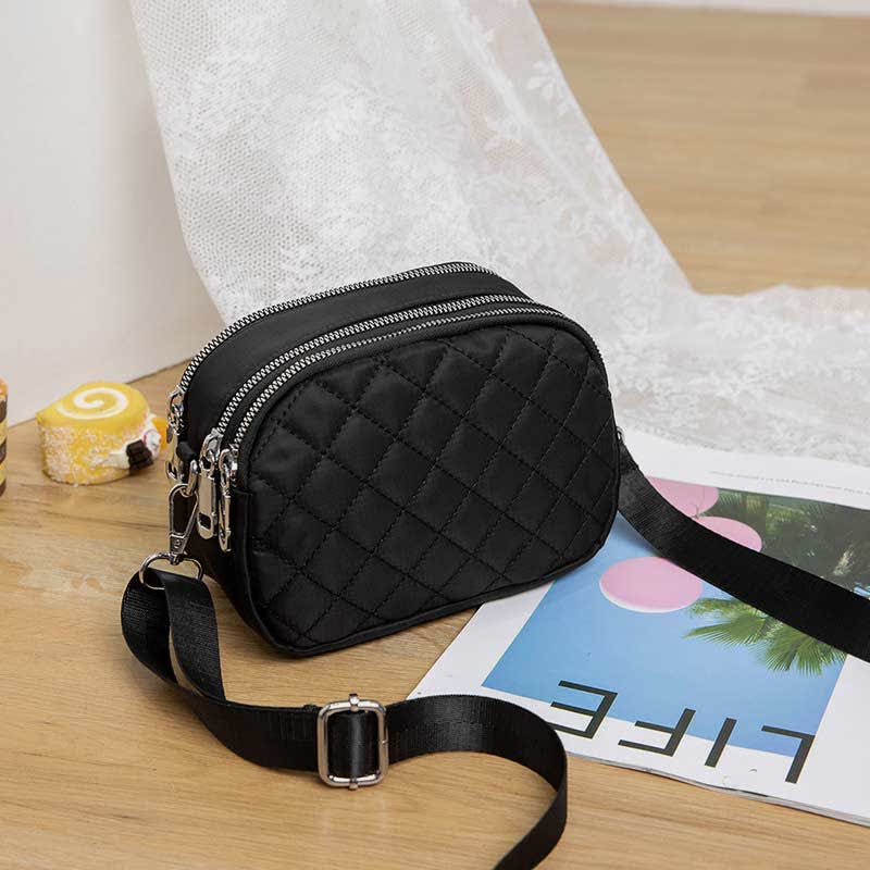 Women Quilted Crossbody Bag Triple Zip Small Nylon Shoulder Purses