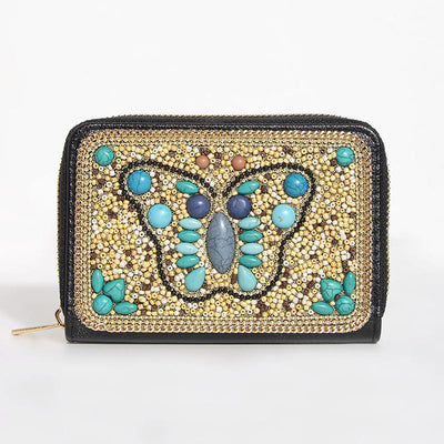 Bohemian Wallet For Women Butterfly Flower Pattern Zipper Purse