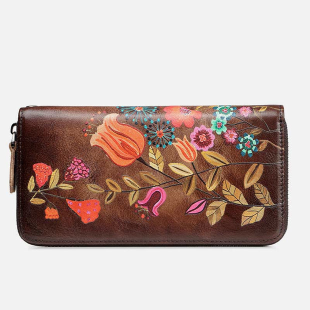 Retro Floral Wallet Women Genuine Leather Long Zipper Money Clip
