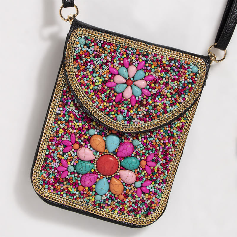 Bohemian Phone Bag Women Shell Flowers Pattern Magnetic Crossbody Bag