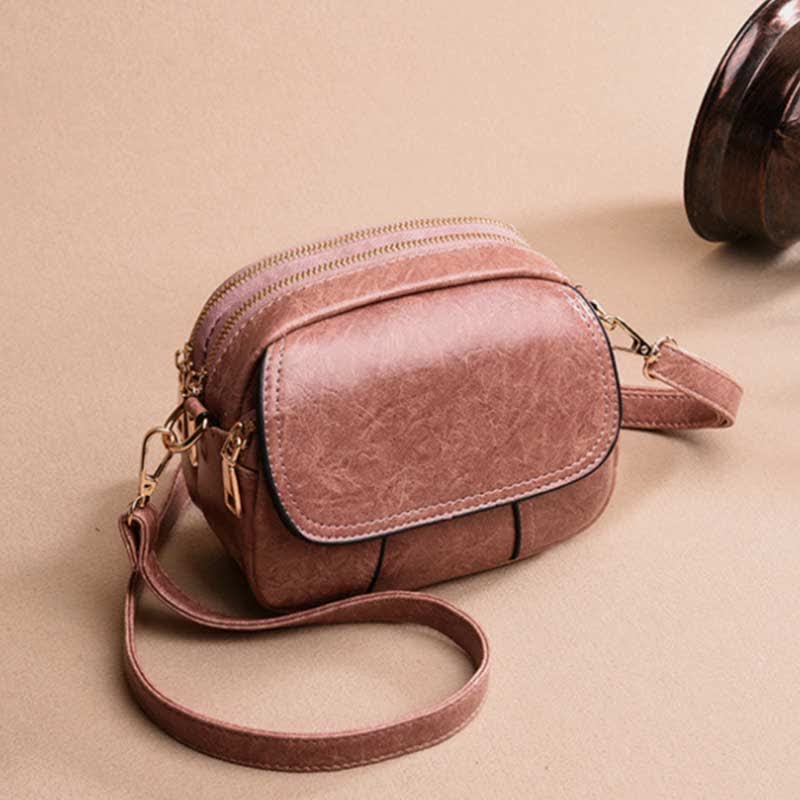 Triple Zip Small Crossbody Bag Leather Handbag Shoulder Purses for Women