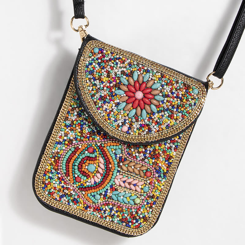 Bohemian Phone Bag Women Shell Flowers Pattern Magnetic Crossbody Bag