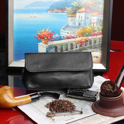 Leather Tobacco Pouch Pipe Carrying Case with 2 Pipe Holder Pocket