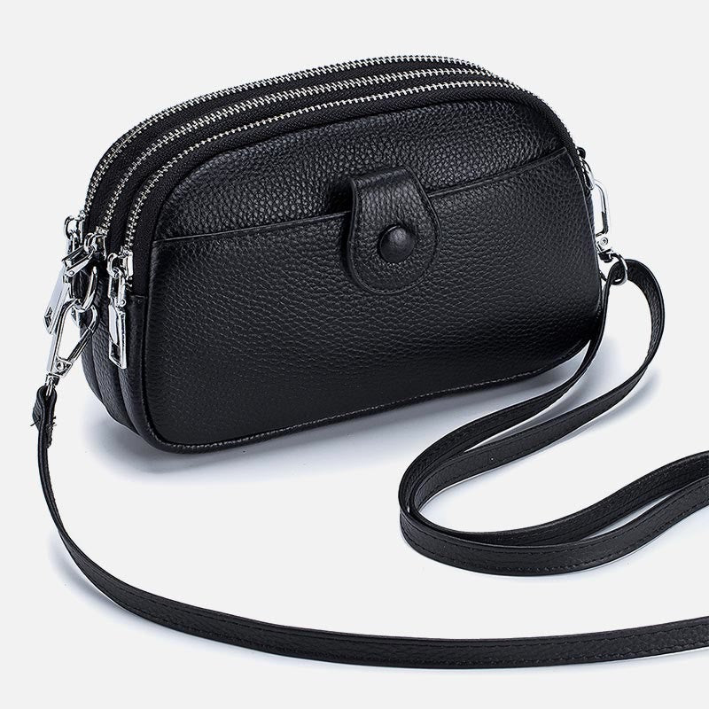 Triple Zip Real Leather Shoulder Bag Casual Crossbody Bag for Women