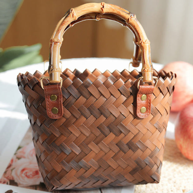 Straw Tote For Women Retro Bamboo Pattern Handle Handbag