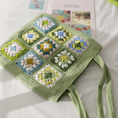 Hand-Woven Check Shoulder Bag Green Flower Stitching Tote