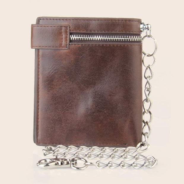 Mens Gothic Skull Cross Leather Punk Wallet with Long Metal Chain