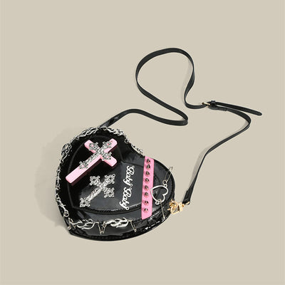 Gothic Heart Shape Purse Womens Cross Rivet Shoulder Bag