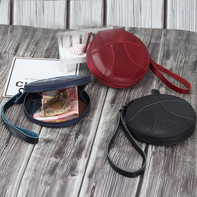 Round Coin Purse Retro Cute Leather Wallet Wrist Bag