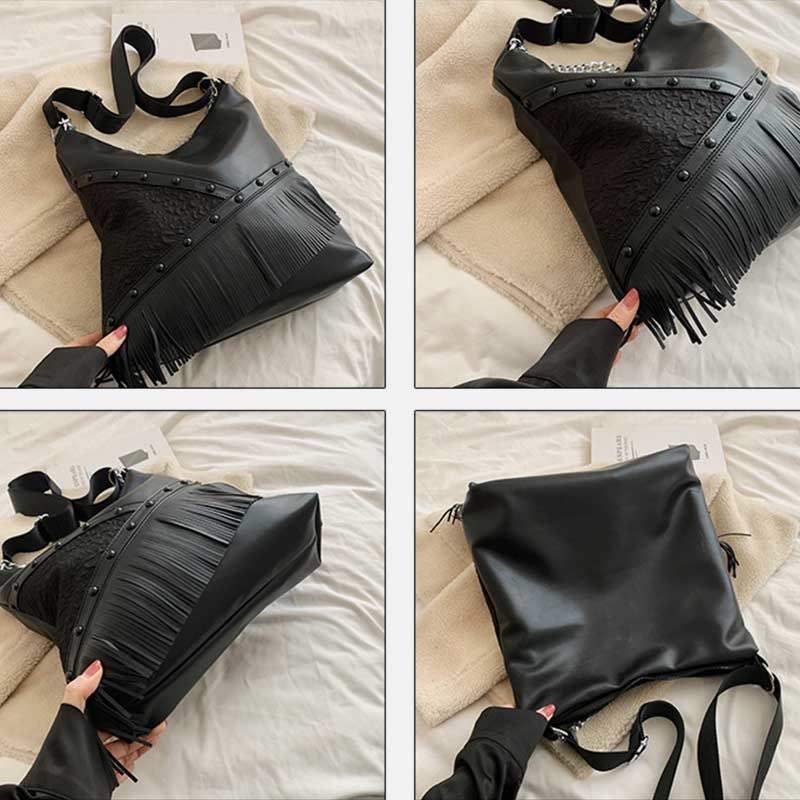 Rivet Tote Bag Women Large Capacity Motorcycle Tassel Chain Bag