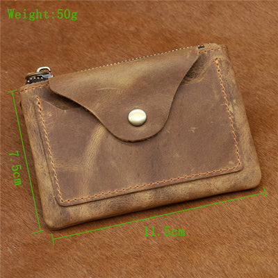 Small Leather Coin Purse Brown Ultra Thin Zipper Card Holder