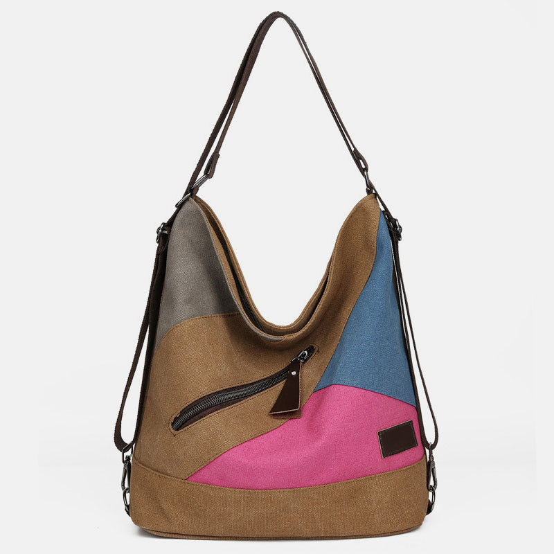 Women's Tote Canvas Backpack for Color Block Shoulder Hobo Bag Rucksack