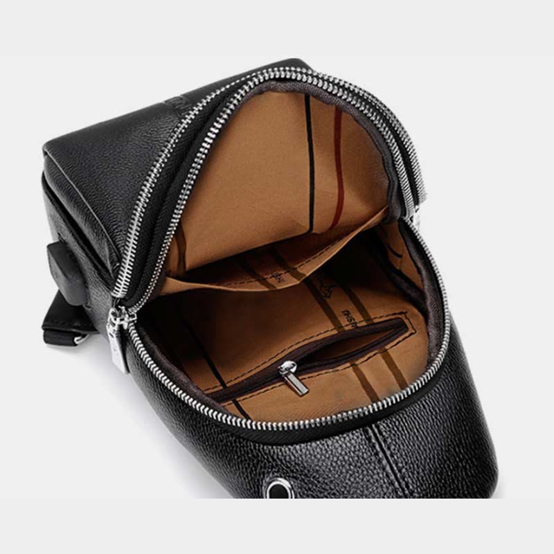 Sling Bag for Men Black Leather Casual Shopping Shoulder Bag