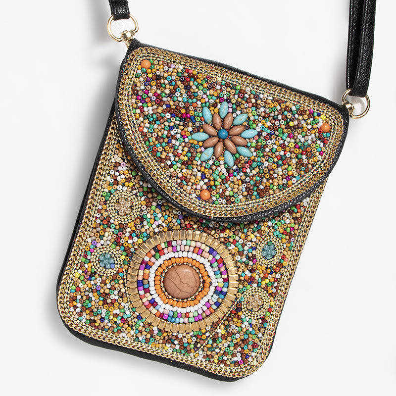 Bohemian Phone Bag Women Shell Flowers Pattern Magnetic Crossbody Bag