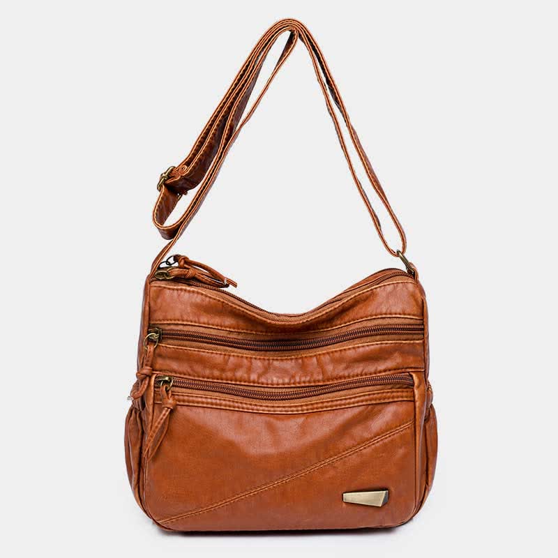 Double Compartment Soft Leather Crossbody Bag Retro Handbag for Women