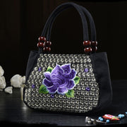 Flower Embroideried Small Canvas Handbag For Women Ethnic Tote