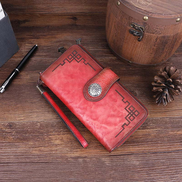 Genuine Leather Clutch Zipper Long Cellphone Wallet Purse with Removable Wristlet
