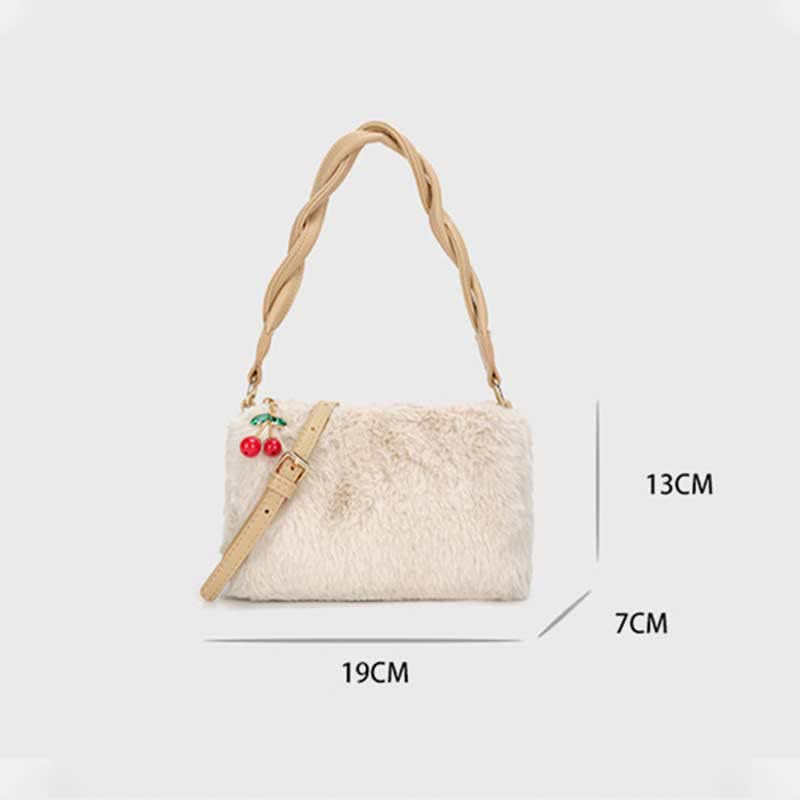 Women Winter Plush Handbag Fluffy Cherry Crossbody Shoulder Purse Hobo Bag