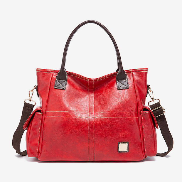 Plain Color Tote Cross Pattern Oil Wax Leather Women Handbag