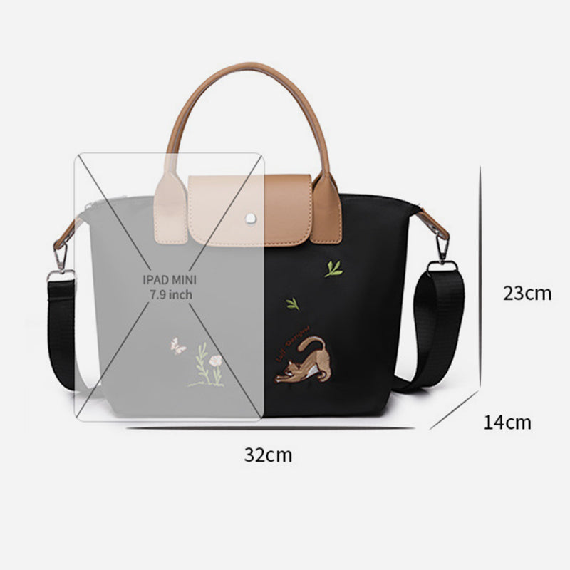 Classic Tote For Women Cute Embroideried Cat Nylon Crossbody Bag