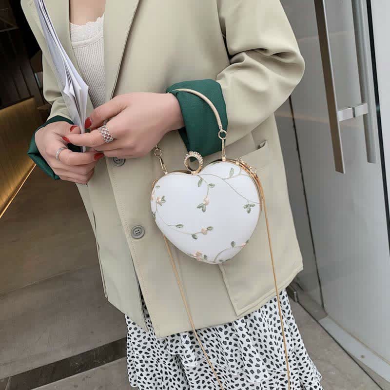 Floral Embroidered Handbag Heart Shaped Evening Bag Clutch with Gold Chain