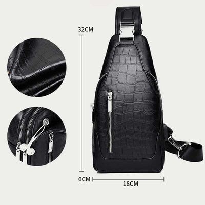 Crocodile Grain Leather Sling Backpack Shoulder Bag for Men Travel Daypack