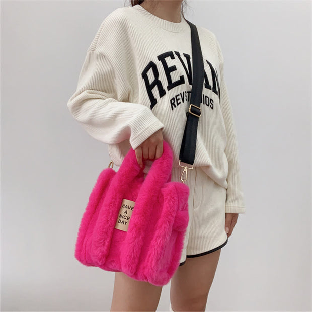 Crossbody Bag For Women Solid Color Faux Fur Large Handbag