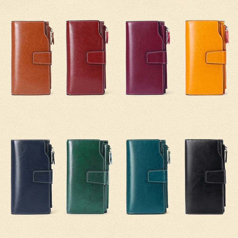 RFID Blocking Long Wallet Oil Wax Leather Phone Purse with Zipper Pocket