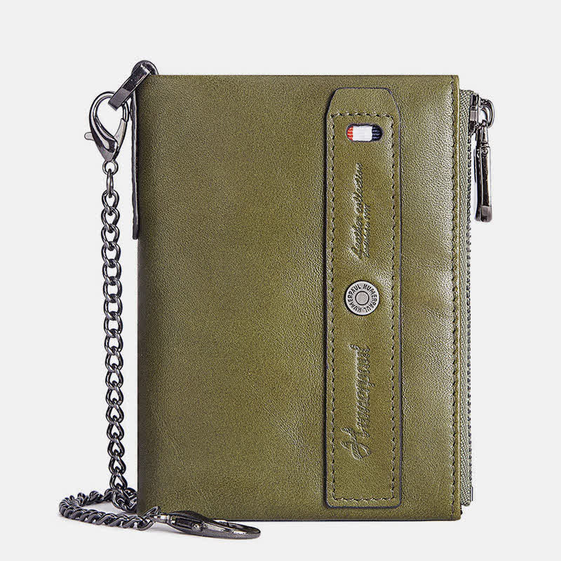 Mens Wallet with Chain Leather Bifold Wallet with Double Zipper Pocket