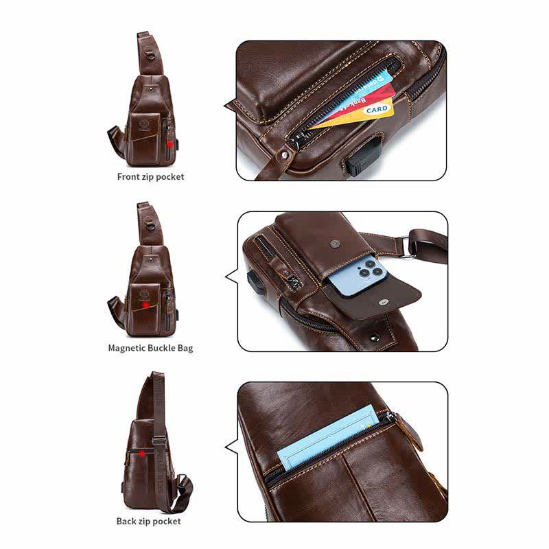 Genuine Leather Multi-Pocket Chest Bag Sling Backpack with USB Charging Port