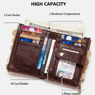 Men's Large Capacity RFID Blocking Leather Wallet with Zipper Pocket