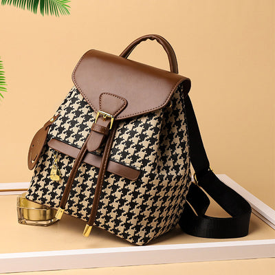 Women's Mini Backpack Purse Houndstooth Print Flap Daypack Leather Shoulder Bag