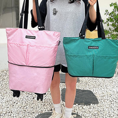 Supermarket Rolling Tote Detachable Foldable Wheels Shoulder Purse For Women