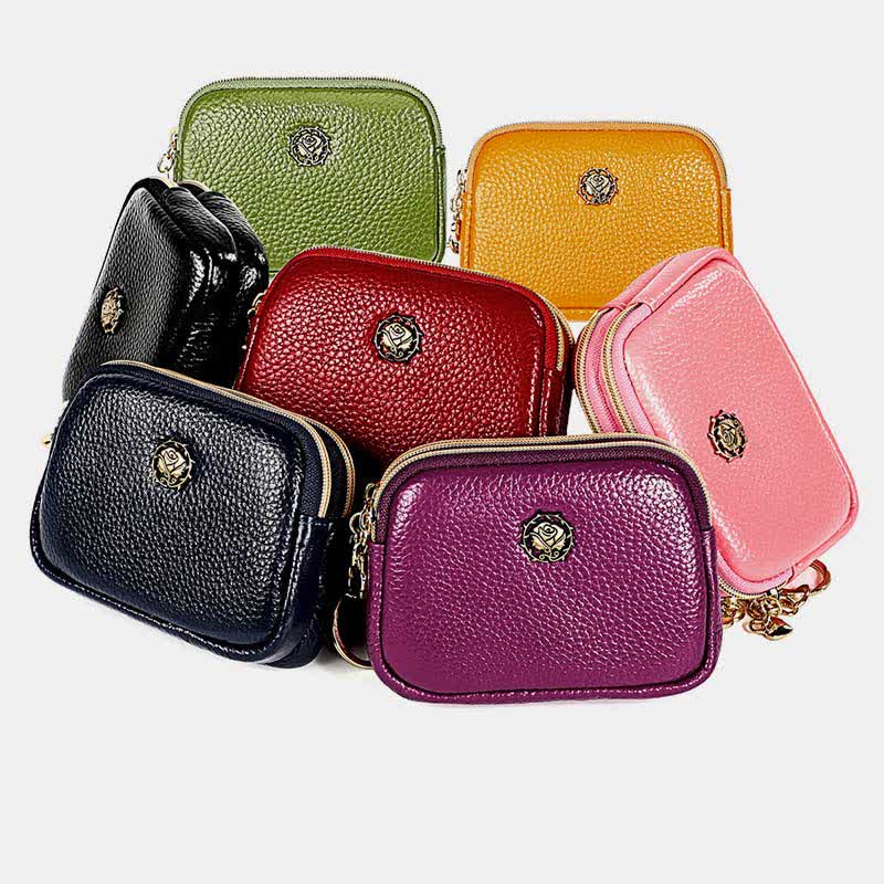 Coin Purse for Women Genuine Leather Double Zip Cash Change Wallet